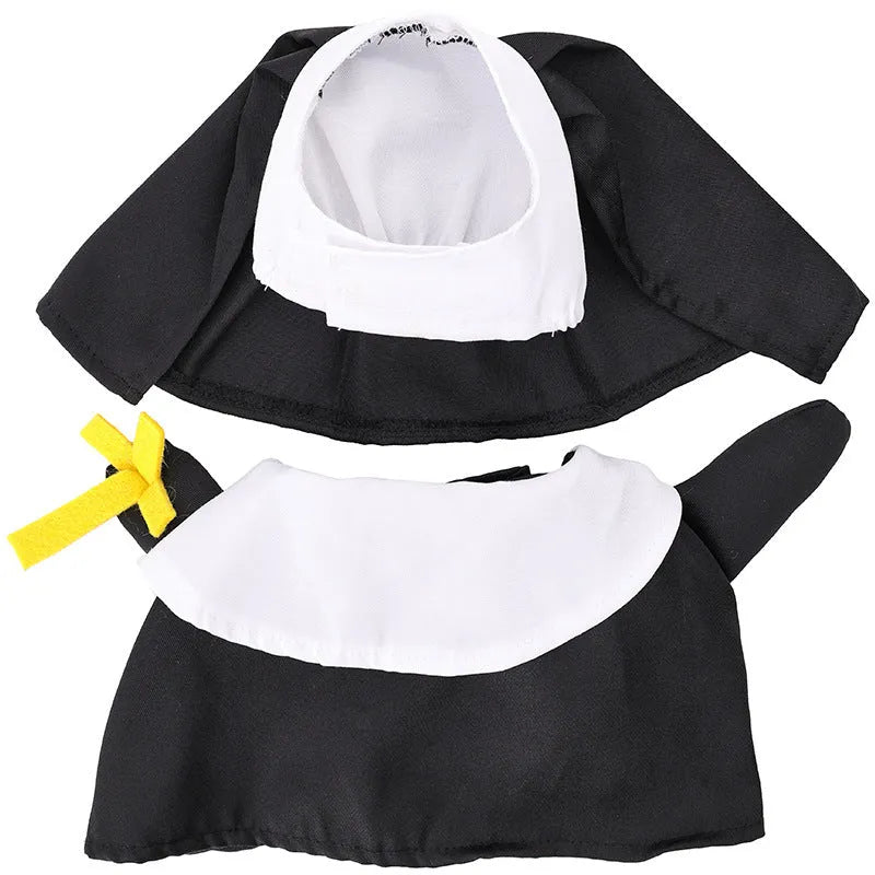 Black polyester nun Halloween costume on small dog showing complete habit design