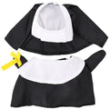 Black polyester nun Halloween costume on small dog showing complete habit design