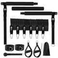 Pink and black 180-pound TPE resistance band with a gymnastic bar for fitness training.