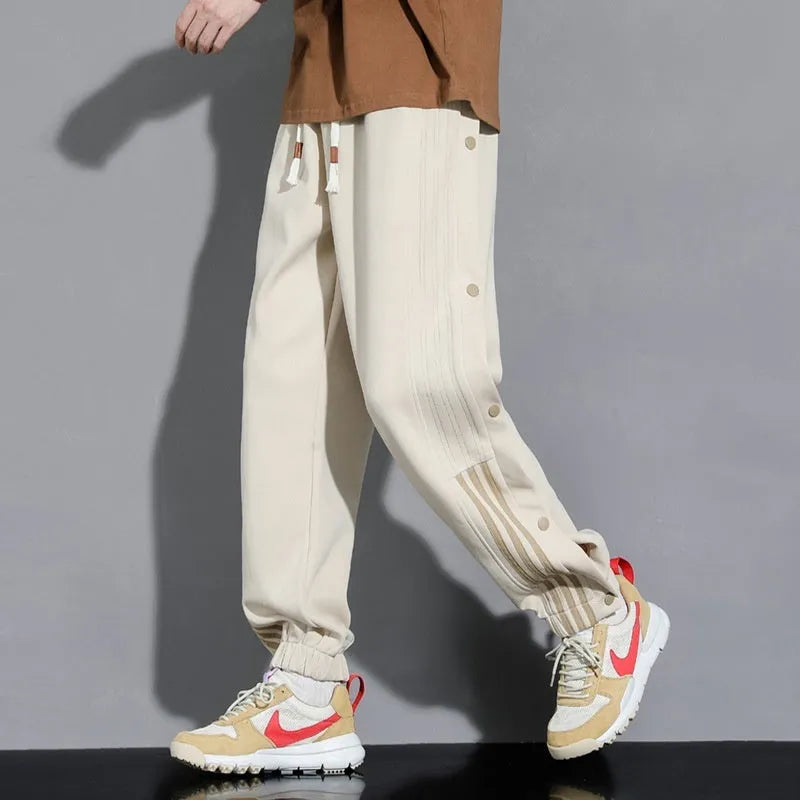 Men's loose fit cotton blend sweatpants with ankle ties and high waist elastic drawstring