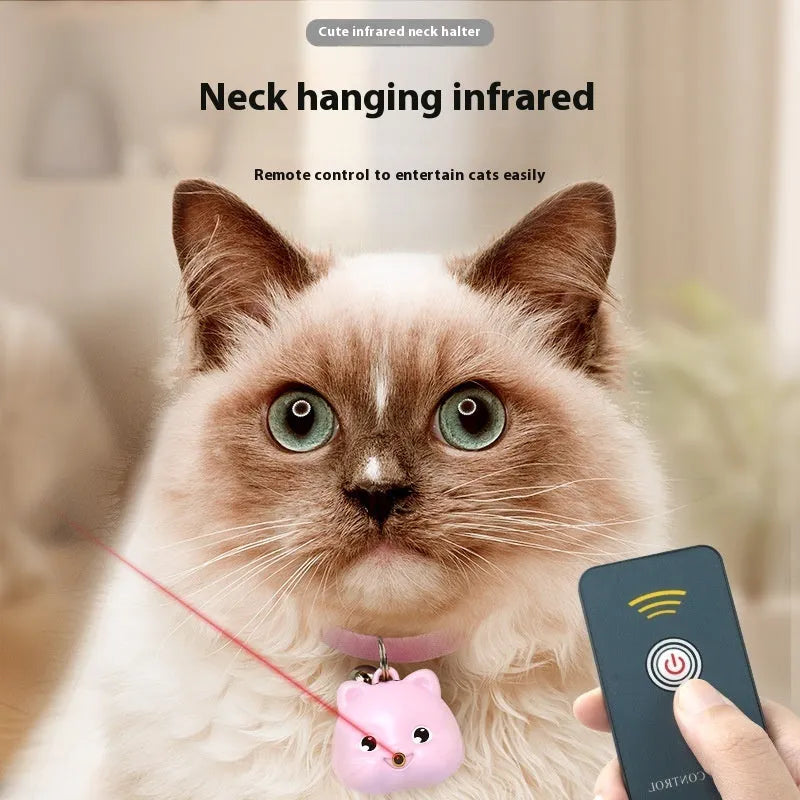 Rechargeable remote control cat toy with infrared halter collar, USB cable, and adjustable collar in pink or blue colours
