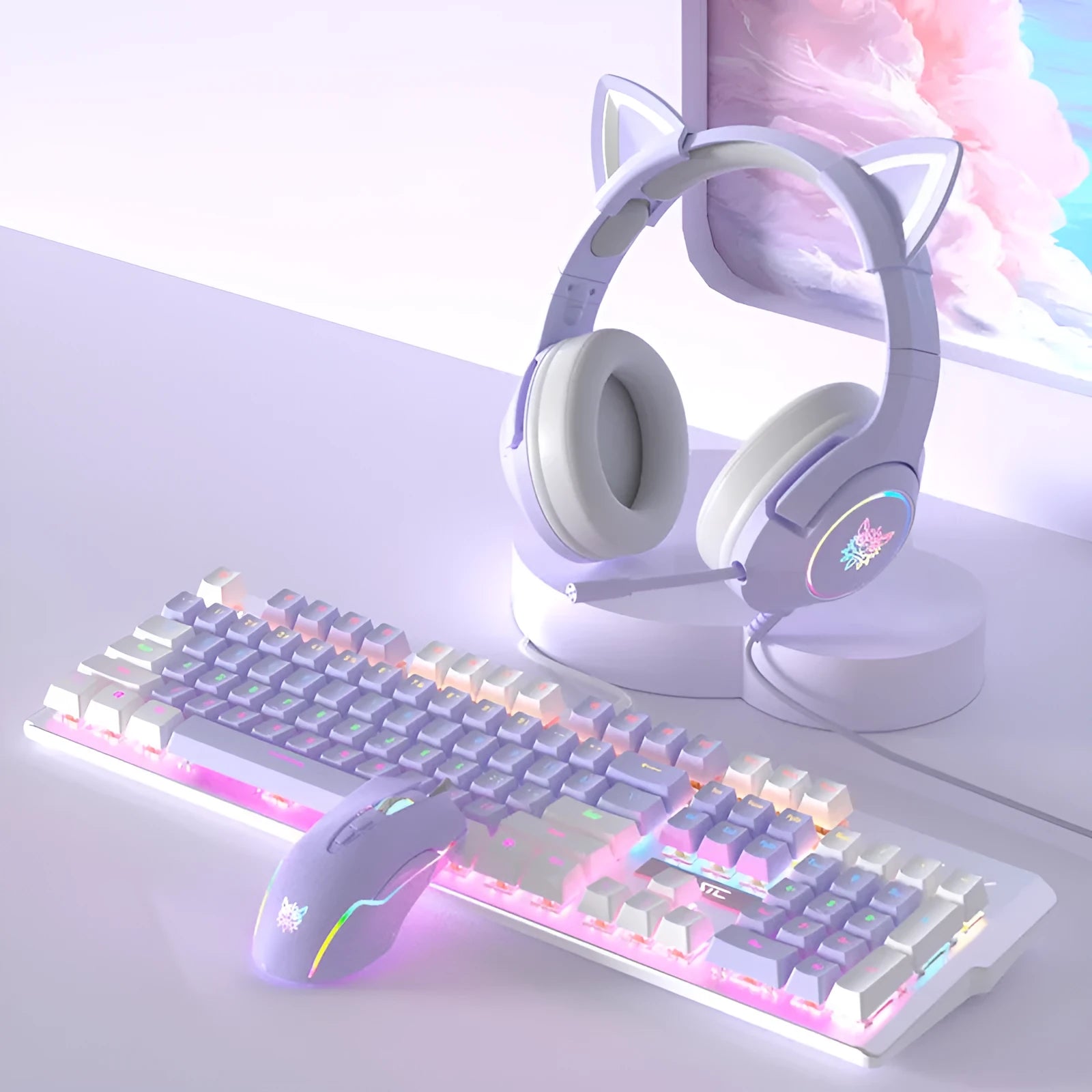White and purple wired mechanical keyboard and mouse combo set with backlight illumination