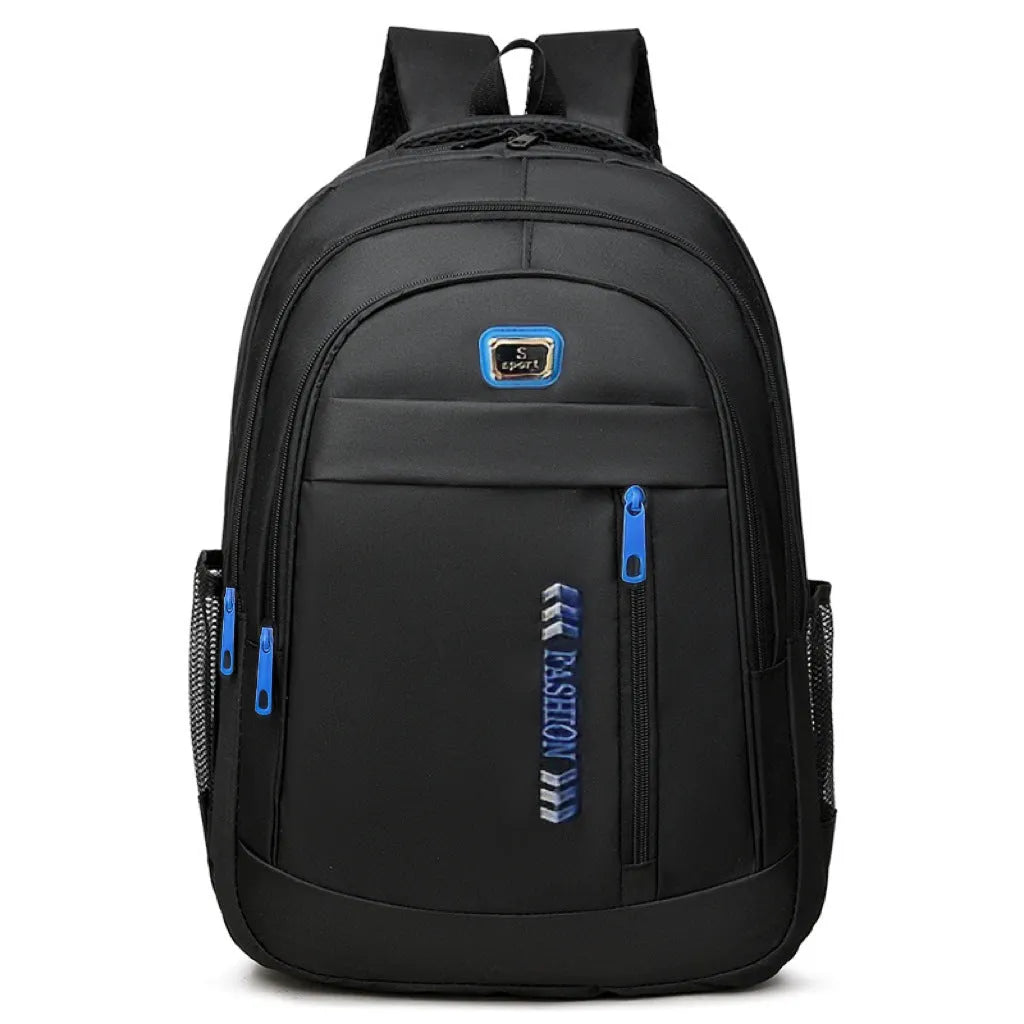 Blue business travel backpack with airpillow straps and sewing line detail on Oxford cloth.