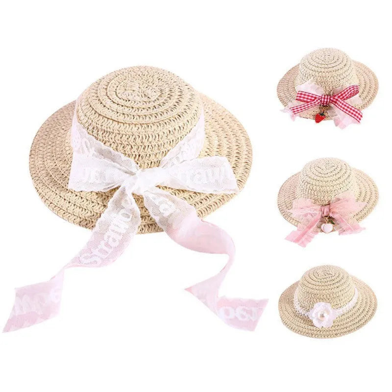 Handmade adjustable bowknot paper hat for a dog or cat, shown in a cartoon style with colour options.