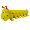 Yellow caterpillar-shaped rubber dog squeaky toy for small and medium dogs.