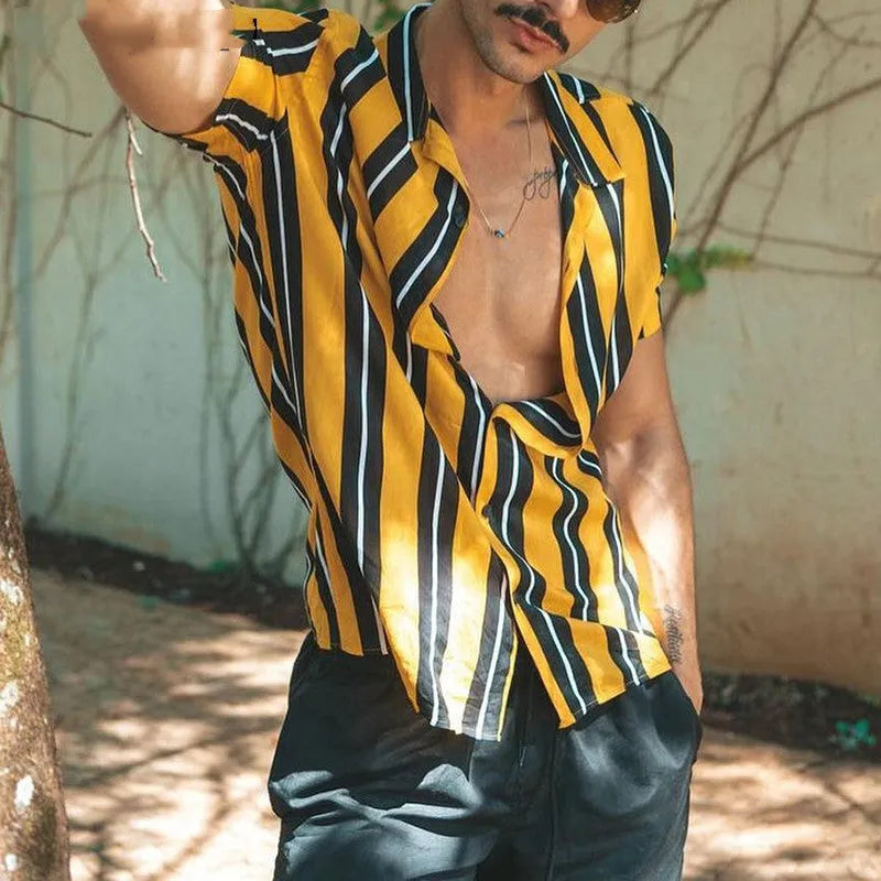 Men's yellow cotton loose fit casual summer streetwear short sleeve shirt