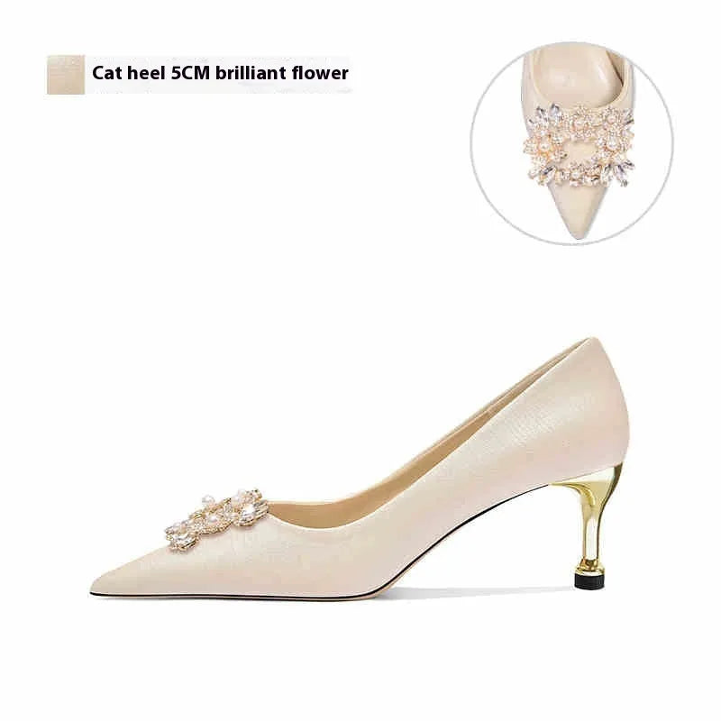 French crystal bridal high heel pumps with rhinestones, pointed toe, and choice of stiletto or cat heel.