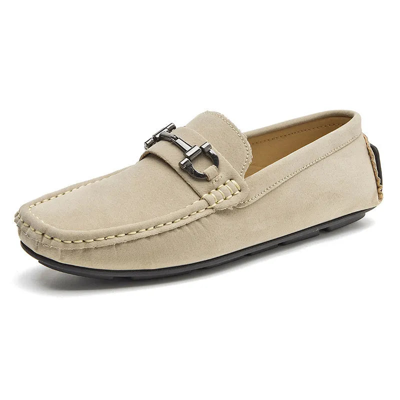 Men's beige cowhide leather slip-on loafers with round toe and rubber sole on a neutral background.