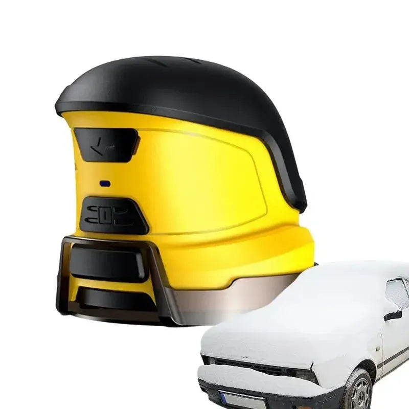 Yellow cordless electric car snow scraper with funnel shape and USB charging cable