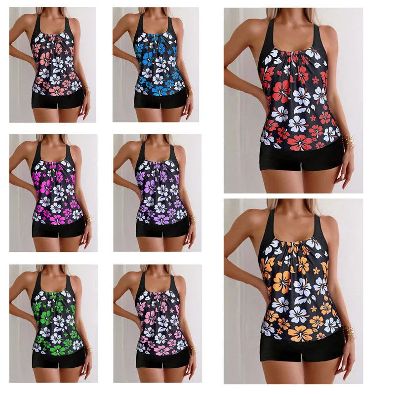 Lady sexy slim-fit printed boxers suit bikini set in blue flower pattern, polyester spandex, S-XXL