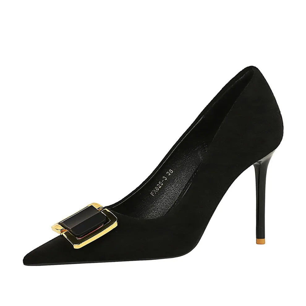 Black suede women's high heel shoes with a pointed toe and a 9cm stiletto heel.