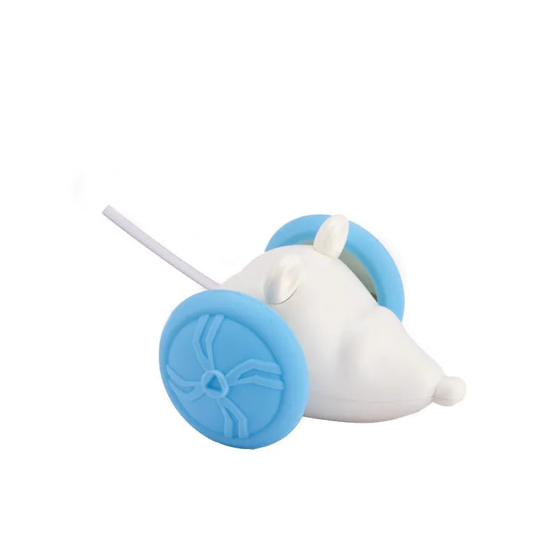 Blue and yellow electric self-hiding mouse cat toy with remote control on a floor.