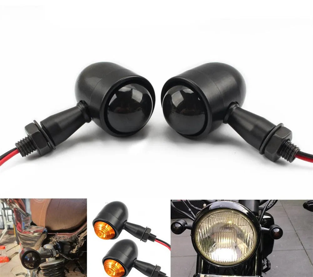 Motorcycle turn signal with metal back shell, plastic lens, 12V 2-wire connection, and 10mm mounting bolt thread