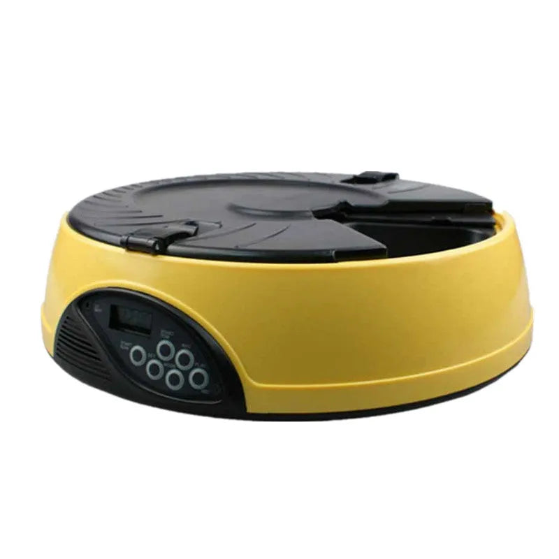 Automatic pet feeder with six food slots, built-in clock, voice recorder, and detachable ABS tray, 32.4X9cm