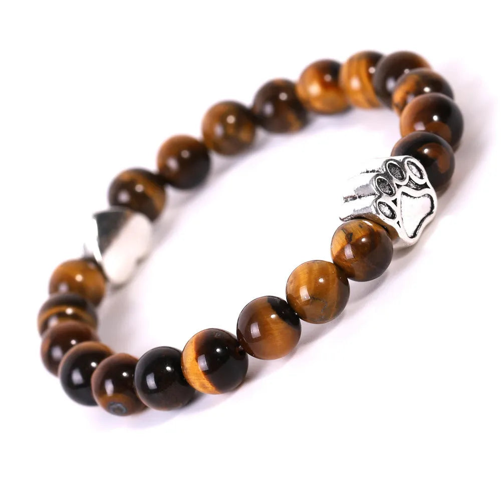 Tigereye Indian Agate stone bracelet shaped like a dog's paw with an engraved love heart.