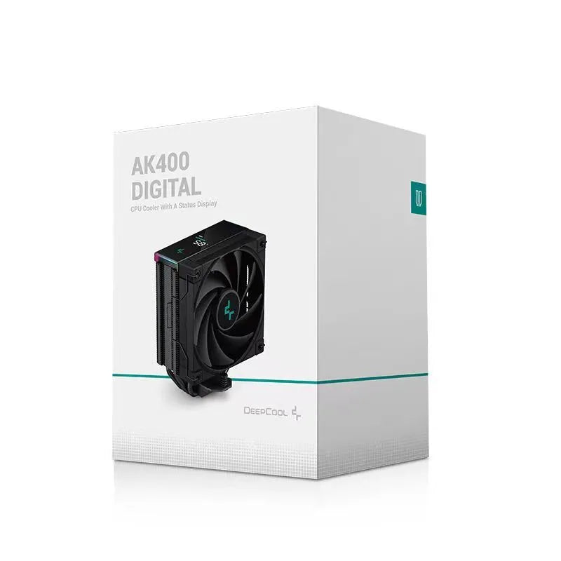 Black tower CPU air cooler with fan and aluminium fins, showing digital display on side.