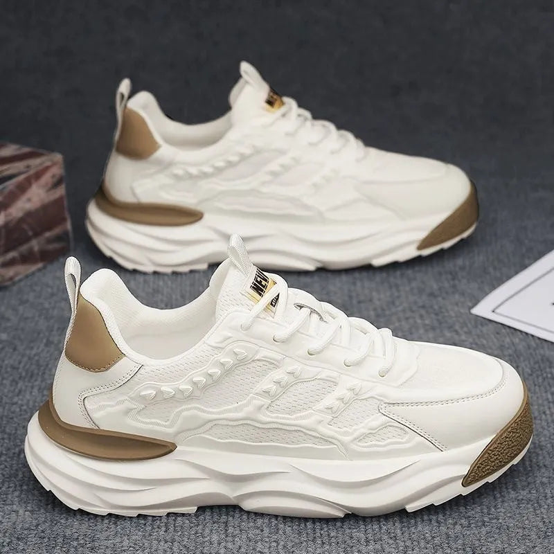 Men's solid colour breathable mesh shoes with round toe, shown in S078 White and S078 Black.