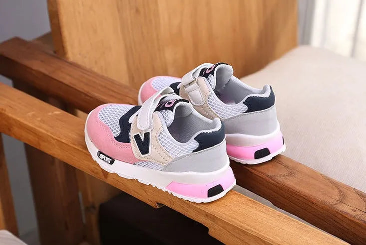Girls summer mesh running shoes with TPR sole, grey colour, side view showing V-shaped design and breathable upper