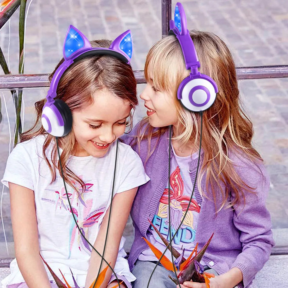 LED flashing cat ear headphones in Peach pink with ABS shell and wired 3.5mm connector