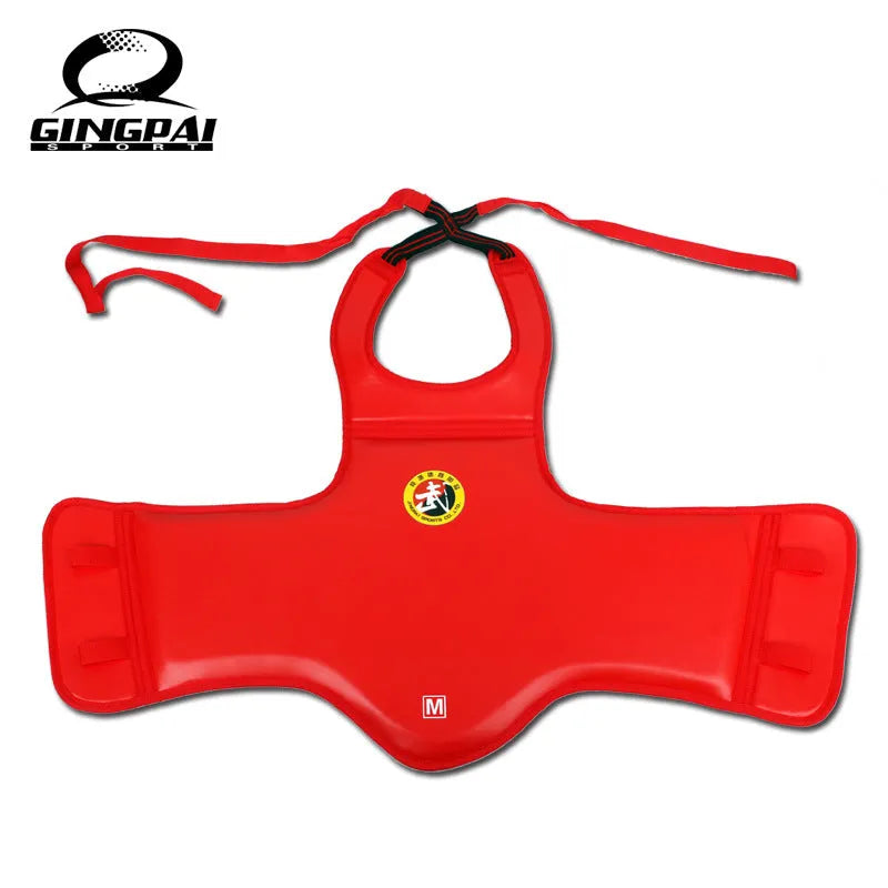 Red boxing helmet and matching chest protector set for fighting training