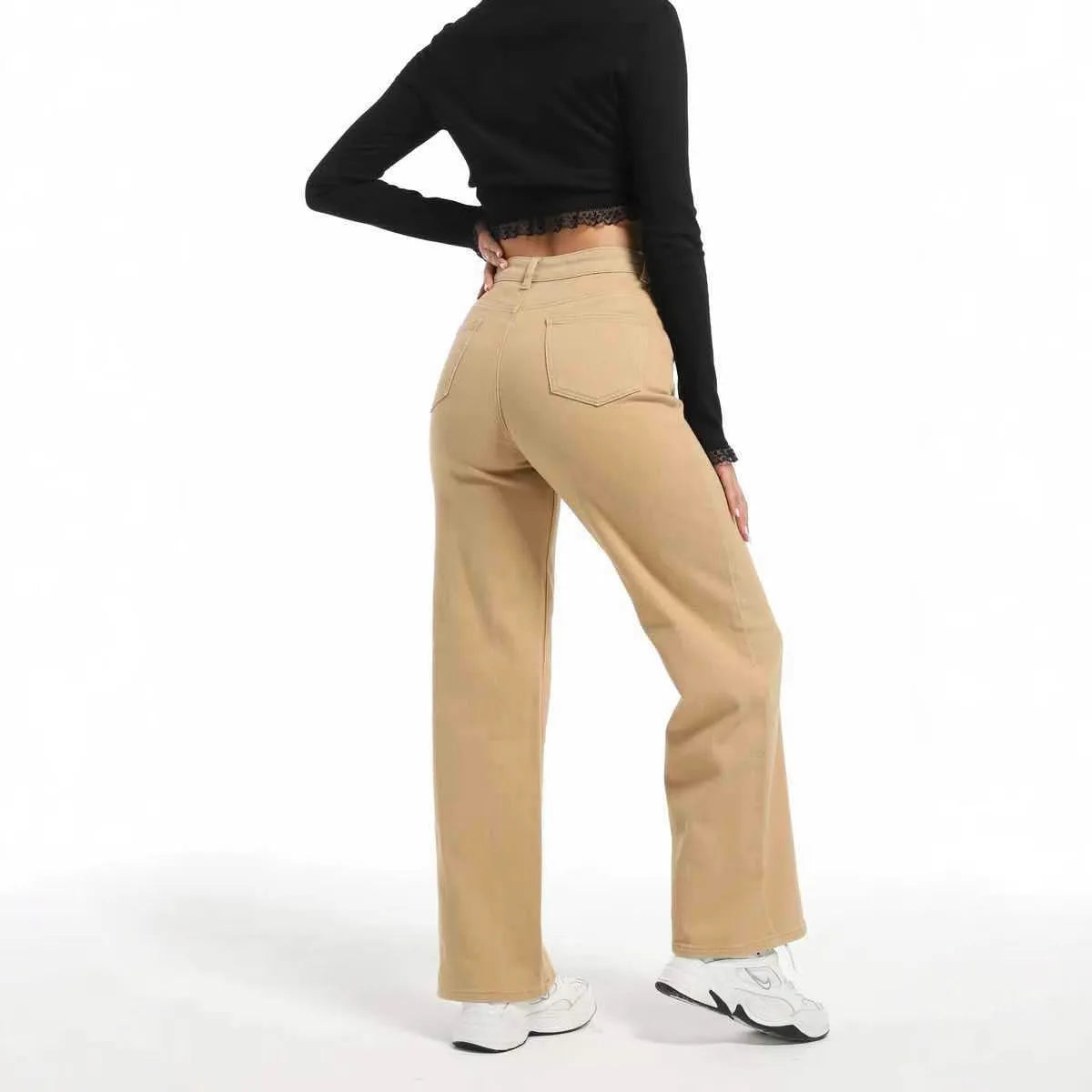 Women's straight leg wide leg jeans in apricot and khaki colours with high waist design