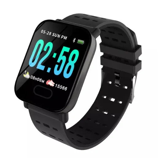 A6 smart bracelet with colour screen and blue silicone strap showing fitness stats.