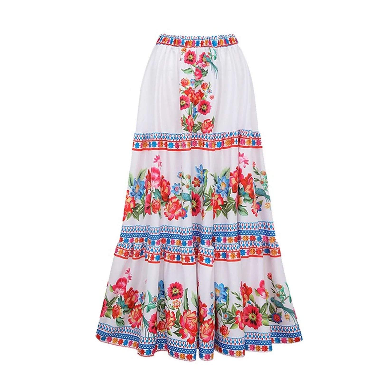 Women's floral printed one-piece polyester swimsuit on a hanger, showing skirted style.