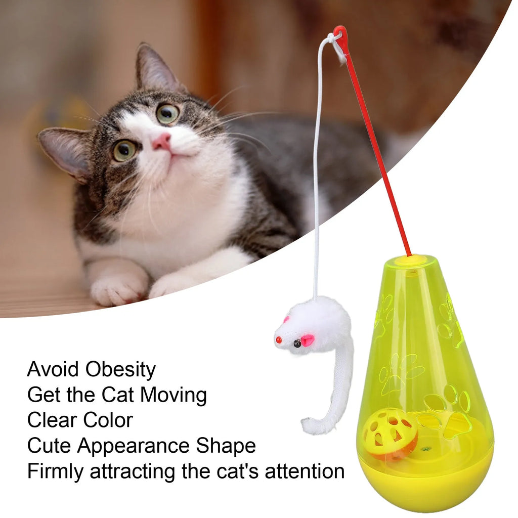 Blue and yellow cat toy with bell ball, plush mouse stick and snack dispenser