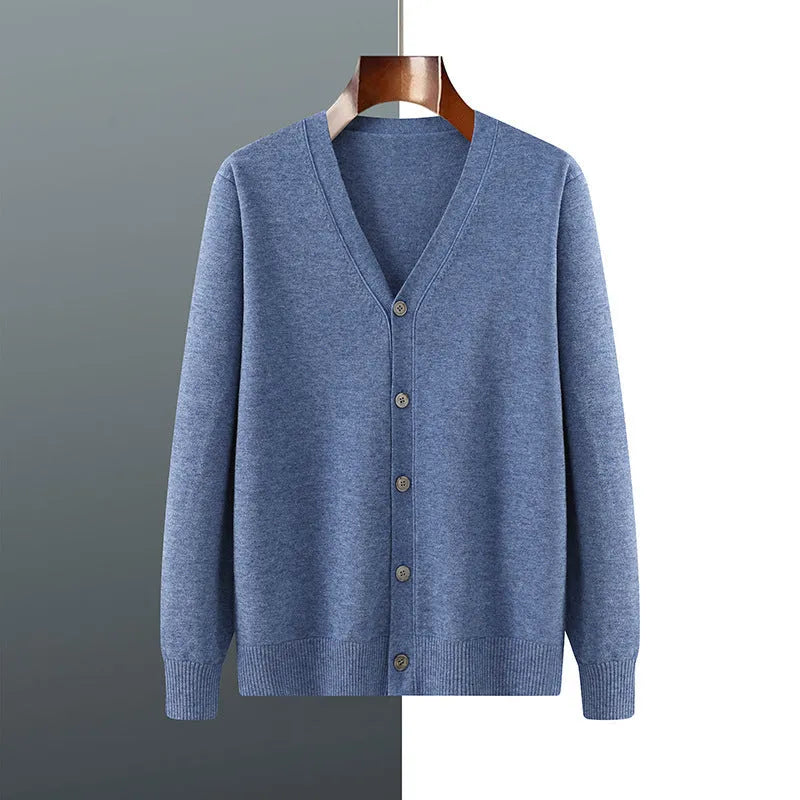 Men's loose-fit V-neck cardigan coat in Andy velvet fabric shown in beige colour.