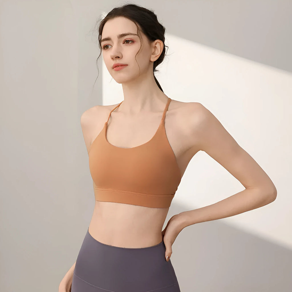 Women's nylon sports vest in sunshine desert colour with fixed double-shoulder straps.