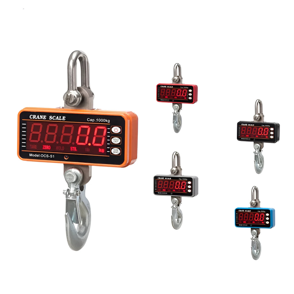 Orange electronic crane scale with digital display, showing 500 kg maximum capacity for industrial weighing.