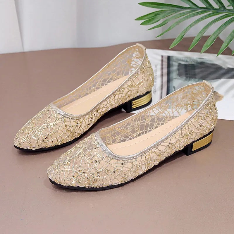 Women's low-cut summer casual flats in solid silver or gold, breathable microfiber and composite, sizes 35-42