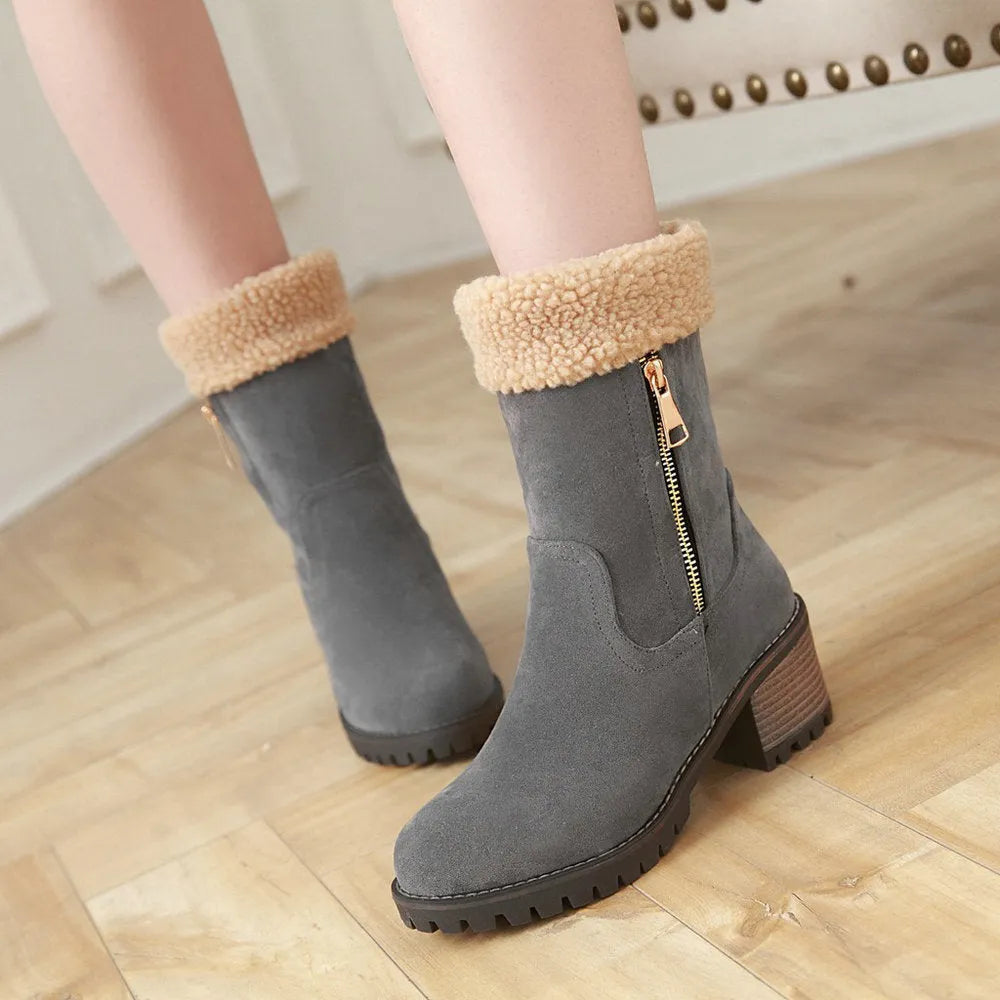 Waterproof snow boots with rubber sole and plush lining in black, grey, green, orange colours.