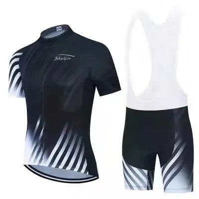 Men's and women's blue cycling jersey and matching pants set for summer road and mountain biking.