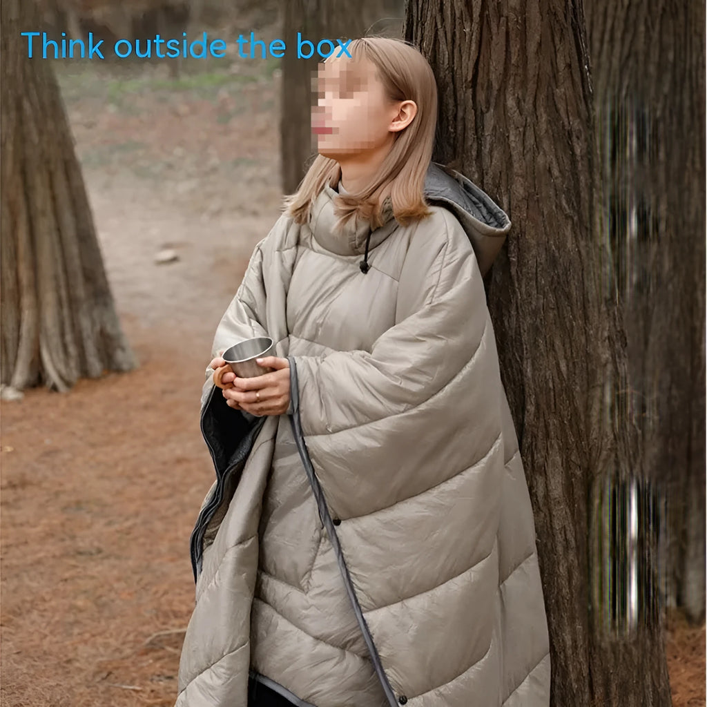 Army Green outdoor cloak sleeping bag with nylon shell shown in wearable configuration