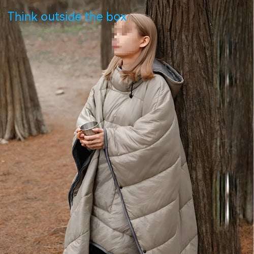 Army Green outdoor cloak sleeping bag with nylon shell shown in wearable configuration
