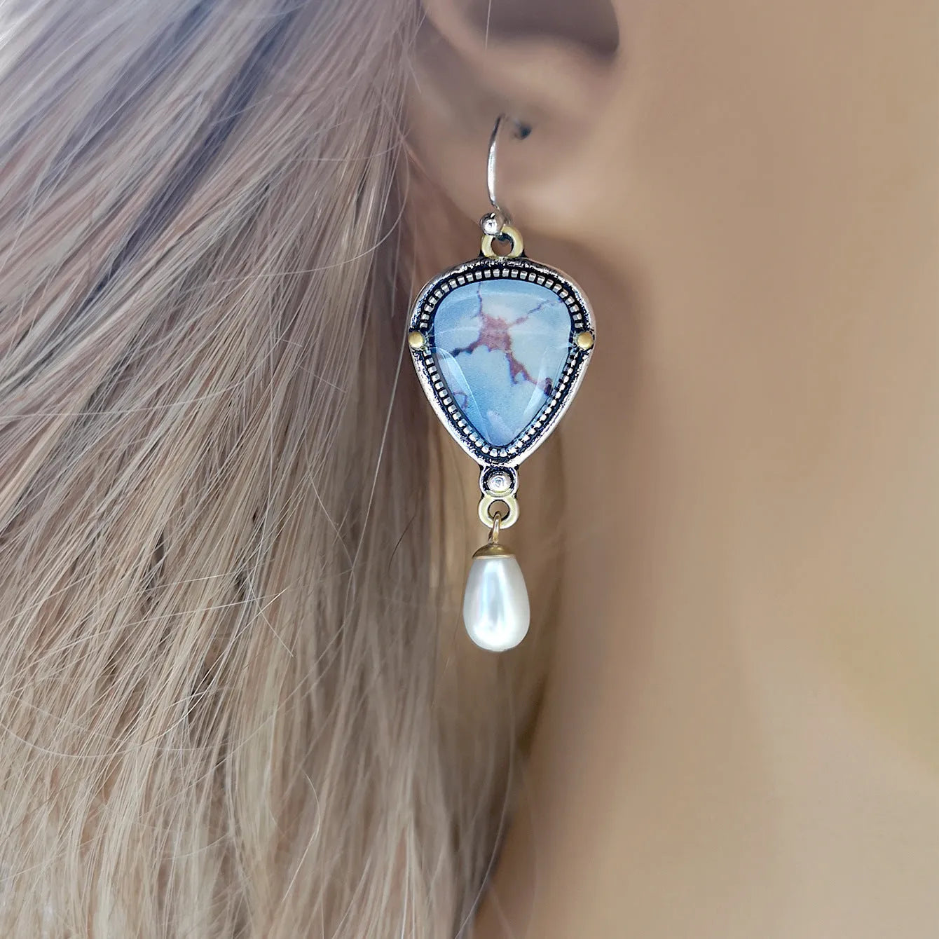 Retro blue geometric drop earrings with electroplated metal, synthetic opal and pearl details