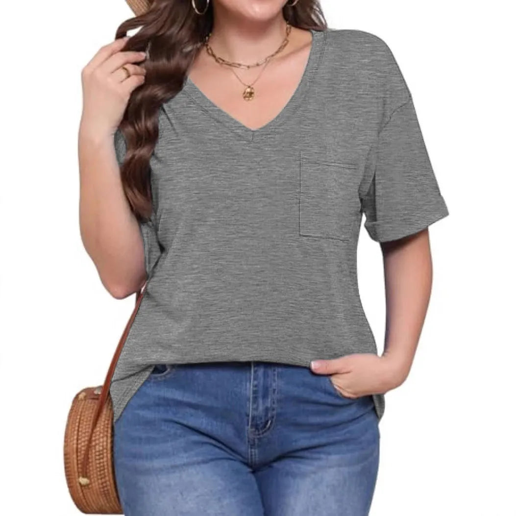 Grey men's loose fit V-neck t-shirt with a chest pocket, short sleeves, on a solid background.