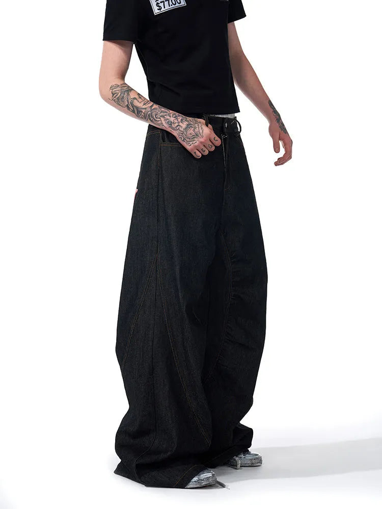 Black Korean wide leg jeans with temperature-sensitive red ear embroidery