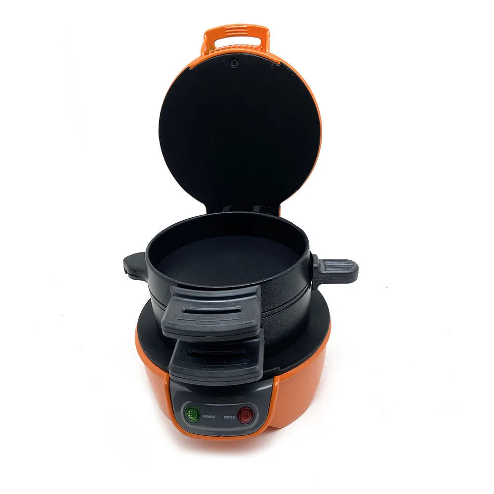 Bright red breakfast sandwich maker with egg cooking ring and waffle plates on kitchen counter