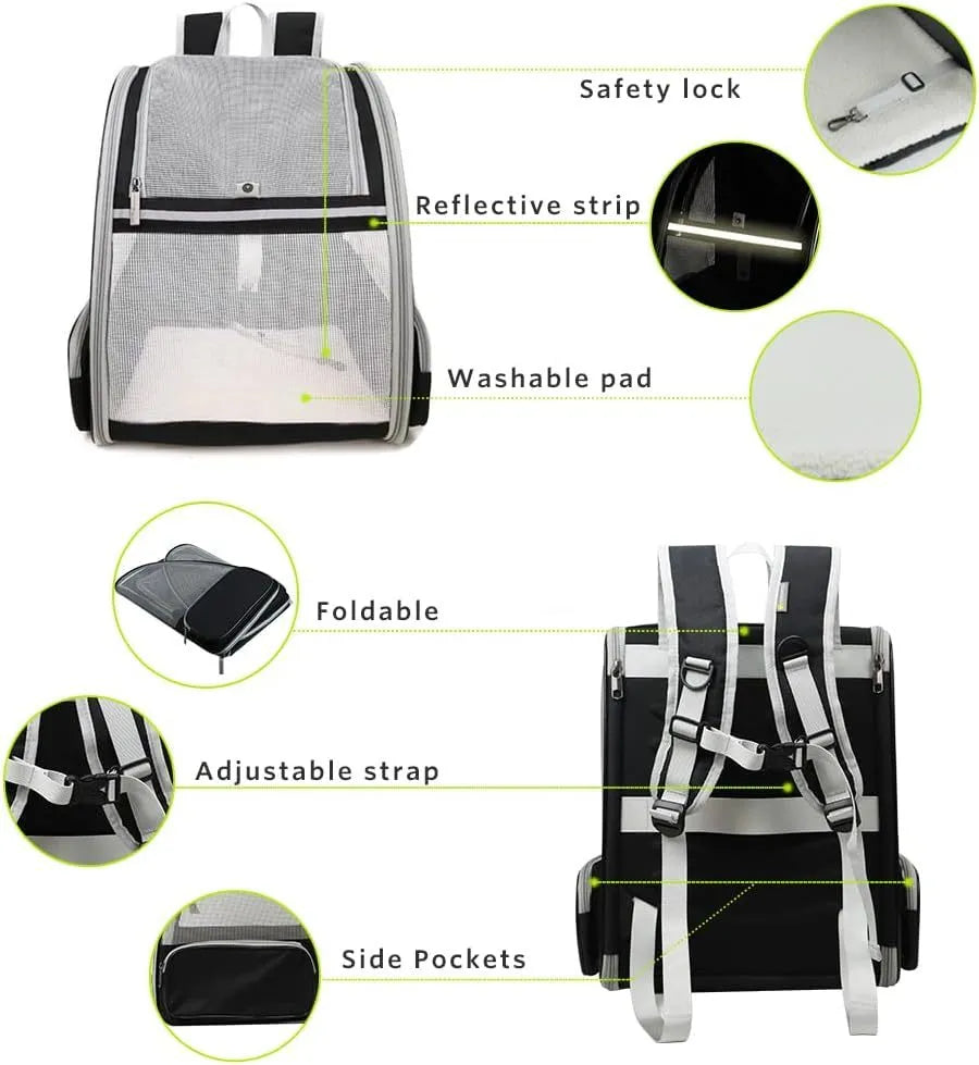Grey or pink PVC mesh pet carrier backpack for cats and small dogs, 42cm x 31cm x 5cm, with chest buckles and removable mat.