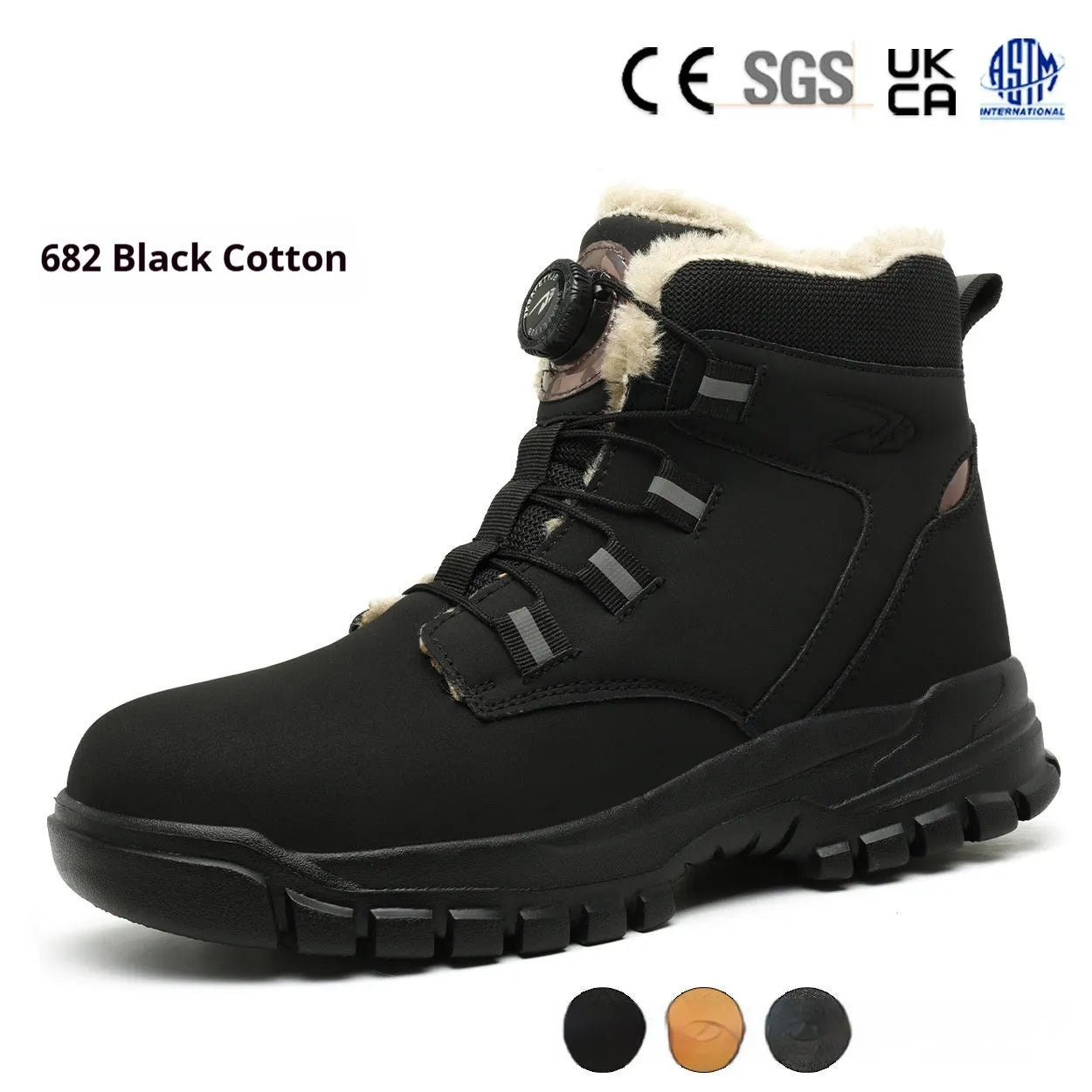 JK682 model leather upper safety shoes with rubber sole, shown in black, yellow, and grey colour options.
