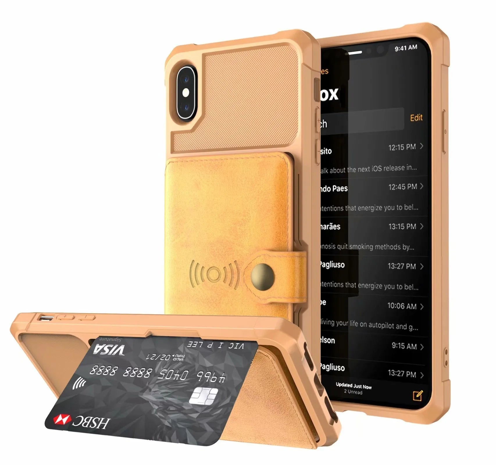 Slim black PU leather phone case with a machined geometric pattern on the back, fitted to an iPhone.