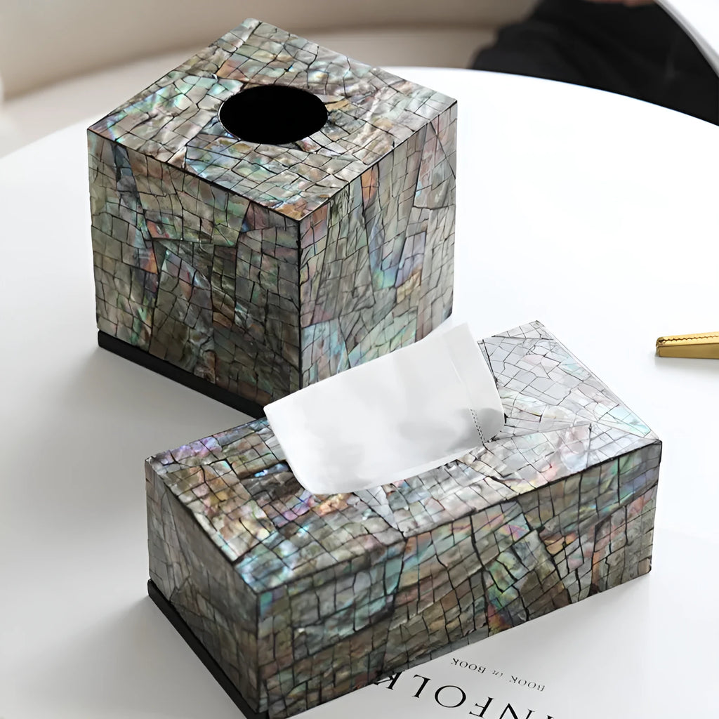 Black natural shell tissue box storage container in rectangular and square styles for coffee table decoration.