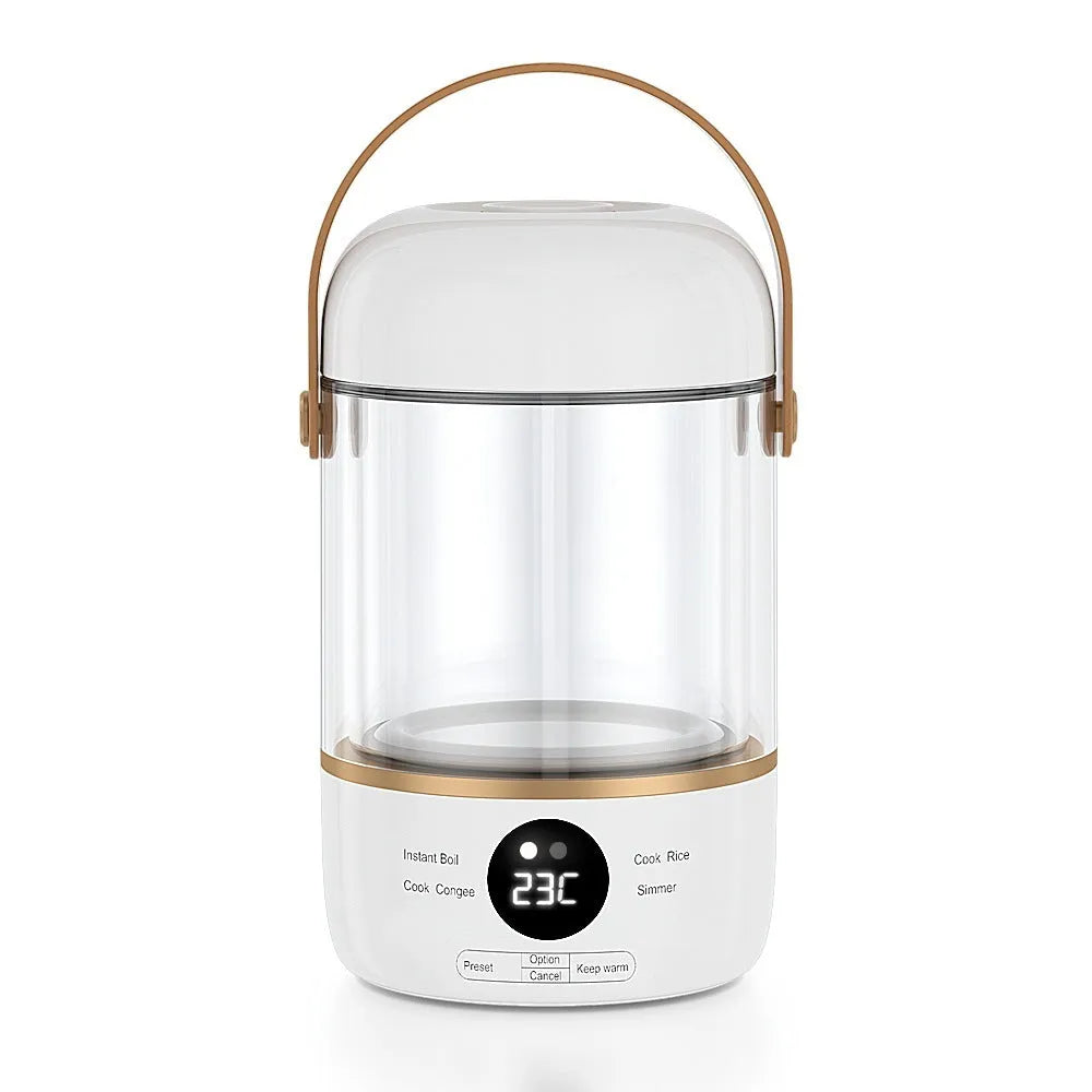 Personal portable electric stew cooker with glass liner and fibreglass body, 500W power.
