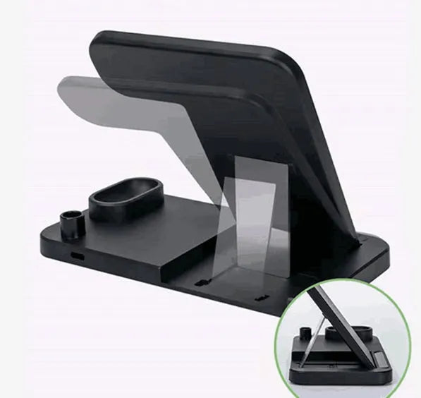 4-in-1 wireless charging station showing phone on adjustable stand, with Apple Watch, AirPods, and Apple Pencil on their charging spots.