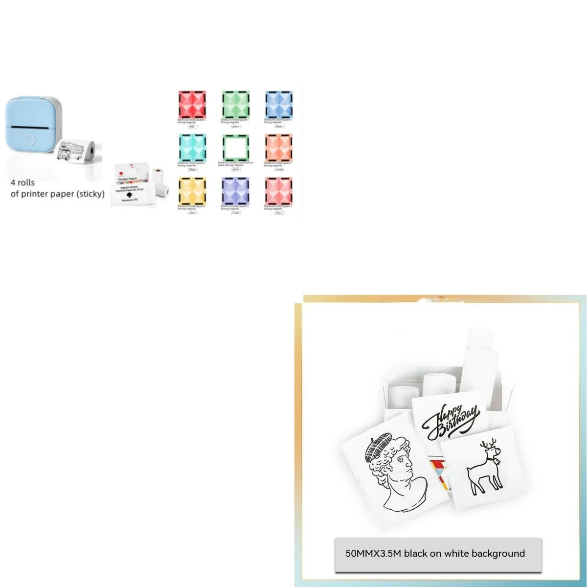 Portable mini thermal label printer in white, 87mm by 90mm by 40mm, with Bluetooth connectivity and inkless printing