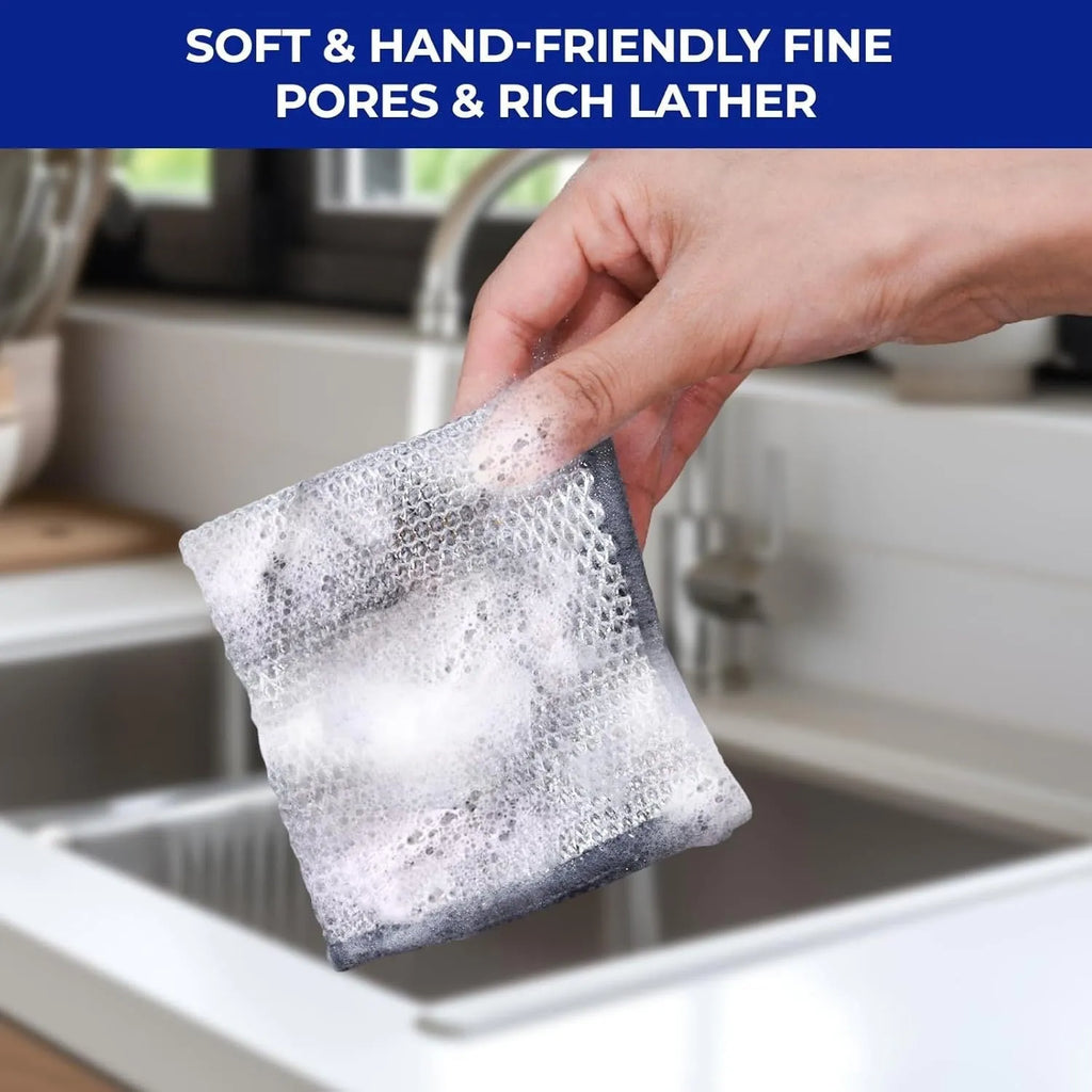 Silver silk and steel wire kitchen cleaning scrubber rag for pots and bowls.