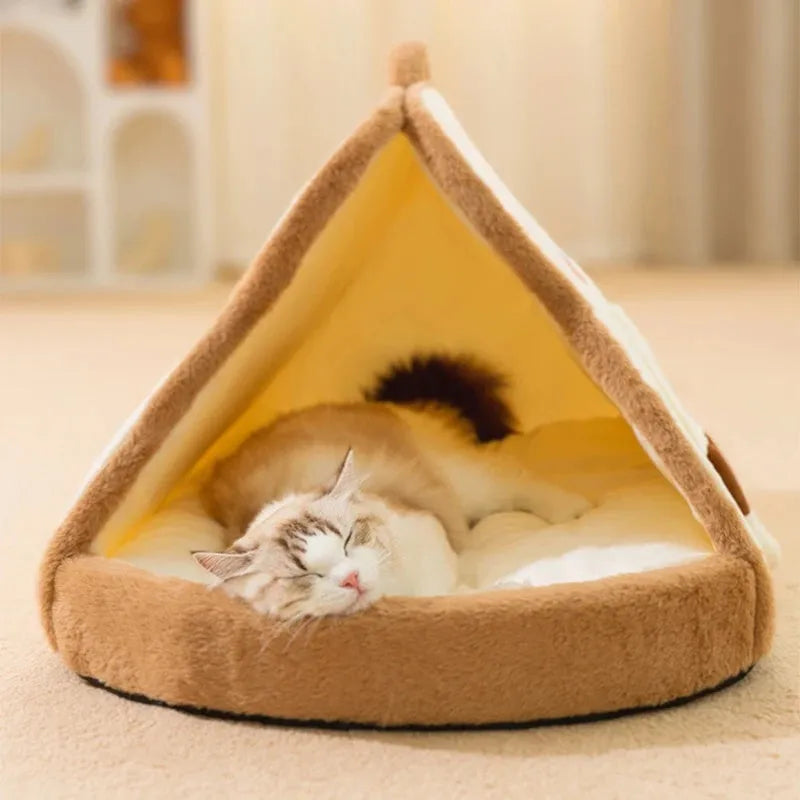 Green winter cat tent pet bed with a removable blanket inside, shown next to a yellow version.