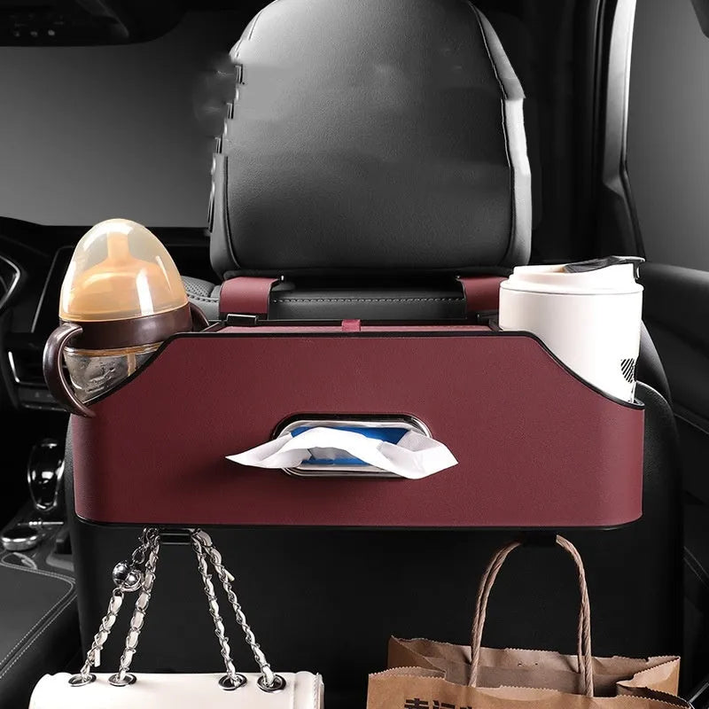 Genuine leather car and buggy storage bag for tissues and a cup, shown in beige colour.
